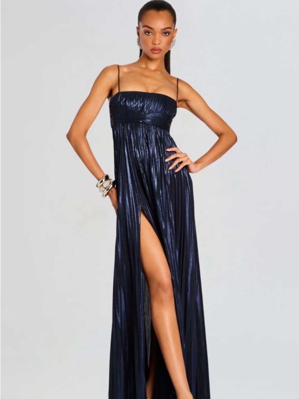 Retrofete Zinnia Dress- Navy Metallic Strap Spaghetti Maxi Dress with High Slit
